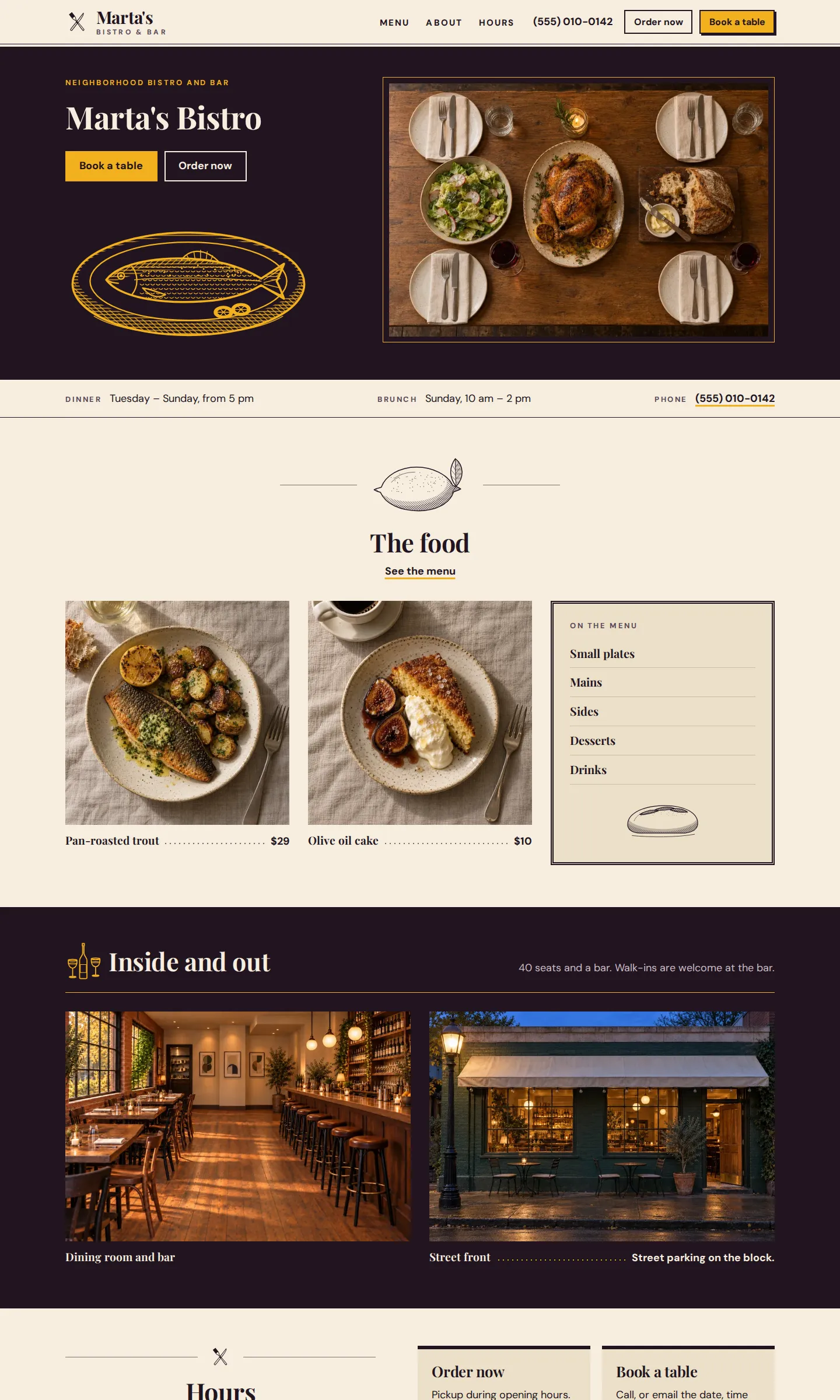 Concept example: the neighborhood restaurant website on a desktop screen